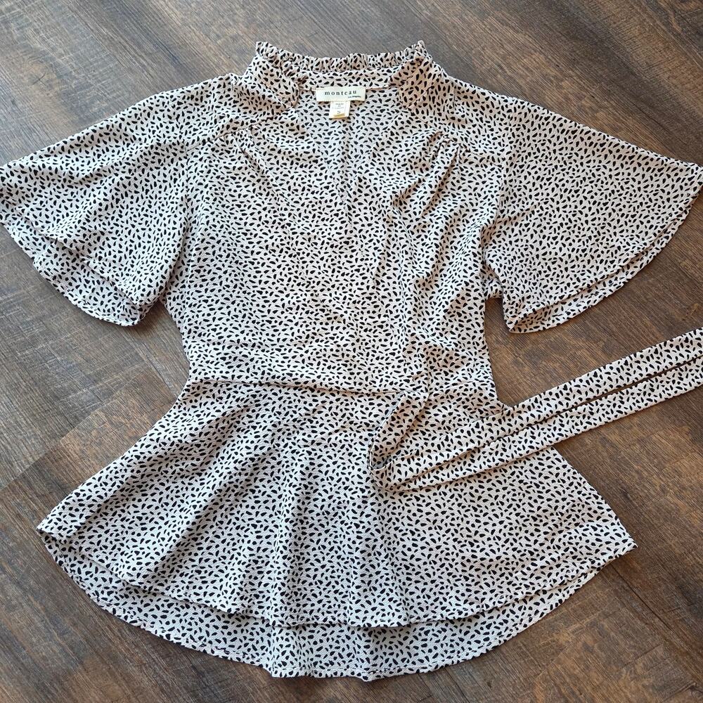 Monteau Printed Peplum White & Black Blouse Small